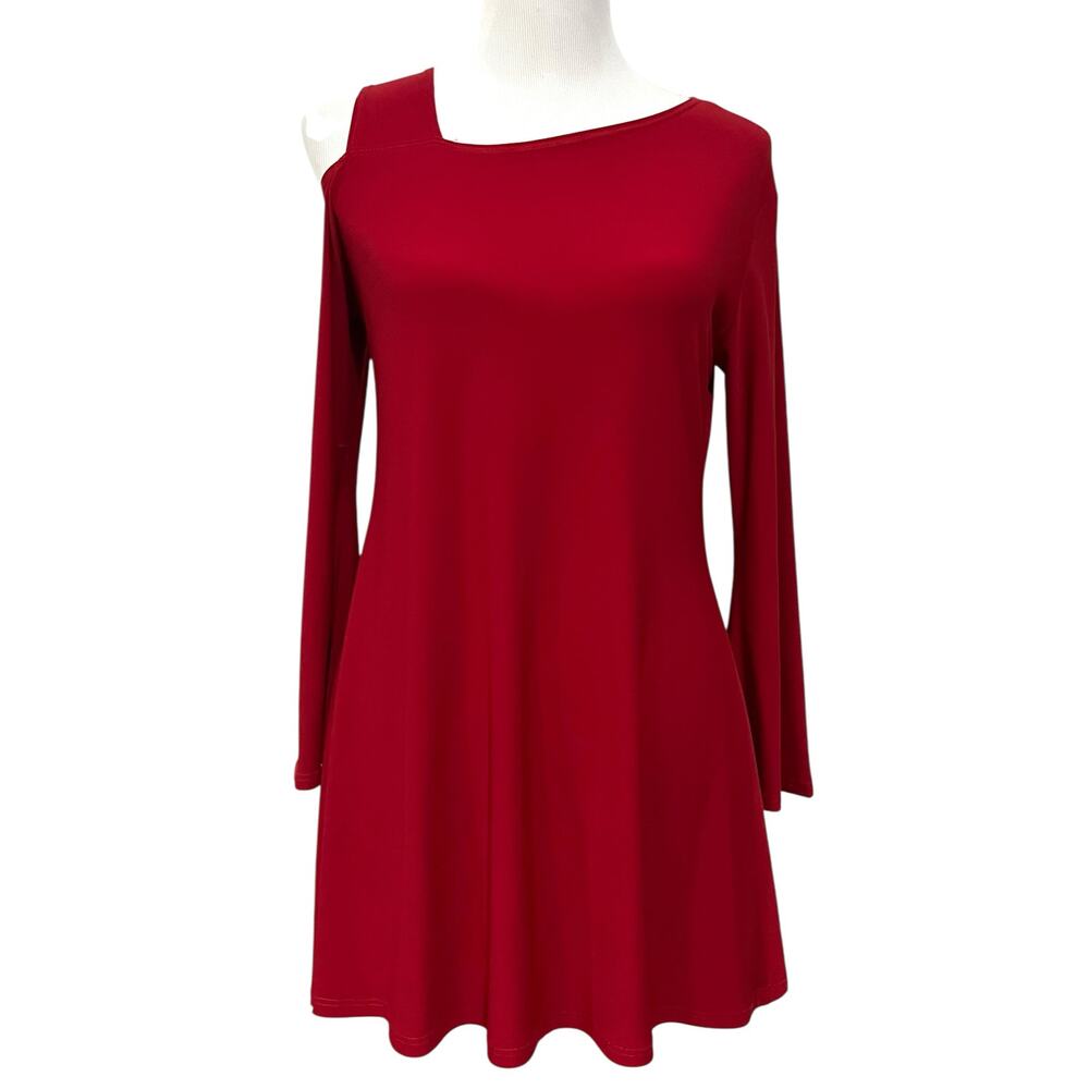 Clara Sun Woo Top Womens XS Red Asymmetrical Cold Shoulder Stretch Knit USA